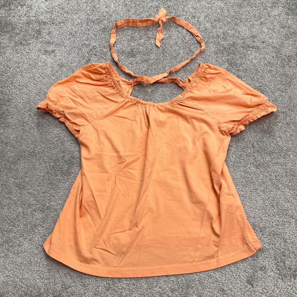 J. Crew Tie Back Peasant Top Womens XS Orange Cotton Ruffles Puff Sleeve Casual